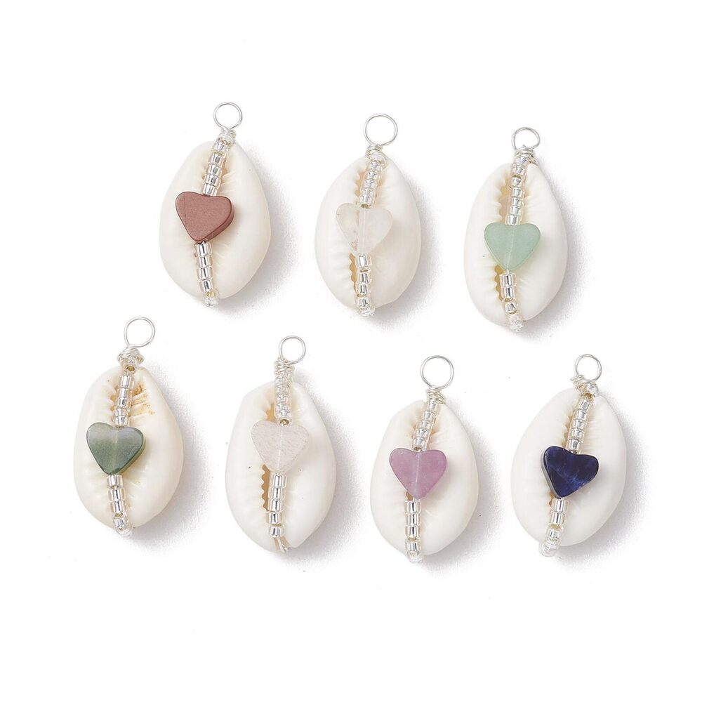 4899 35 pcs 7 Styles Natural Cowrie Shell Charms with Heart Stone Beads